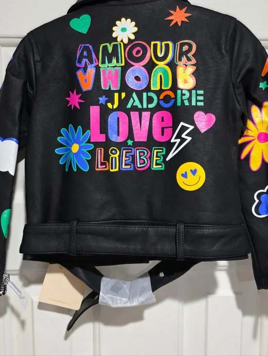 Hannah Banana Black Faux Leather Kids Moto Jacket with Colorful Pop Graphics - Picture 2 of 4